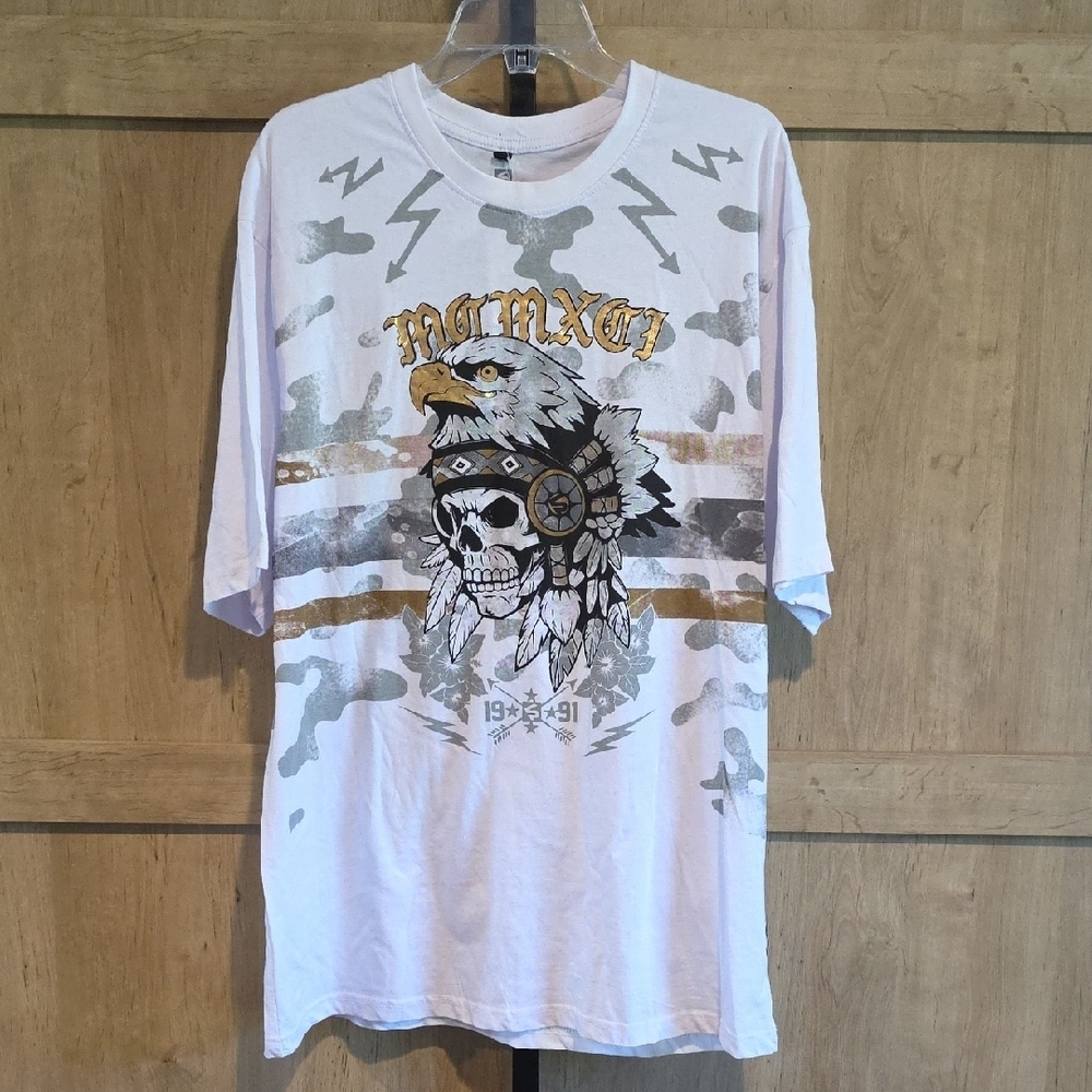 (J49) South Pole White Tee with Eagle and Skull Design Mens XXL